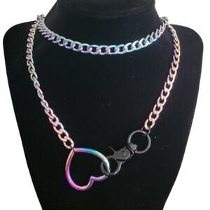 Rainbow stainless steel long cuban chain necklace with heart ring